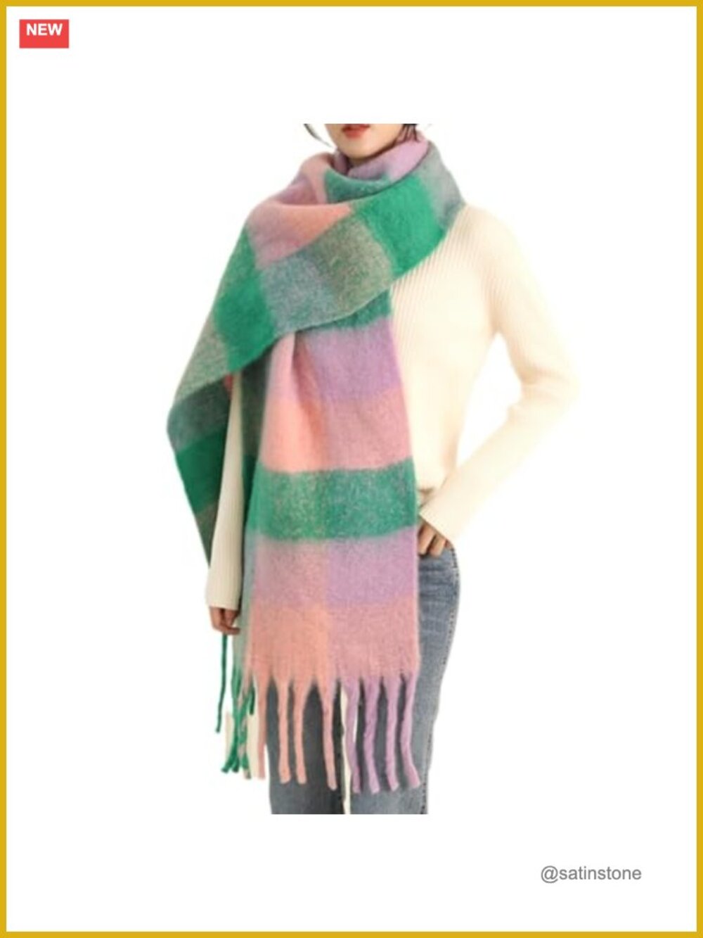 Chunky Winter Scarf for Women Warm Knit Plaid Tassel Oversized Wrap Shawl